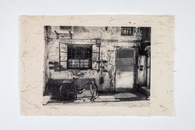 Photo Polymer plate intaglio, man with bicycle