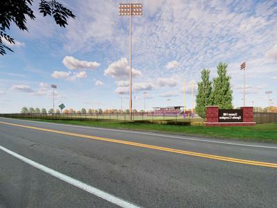 rendering view from the road on Jericho Hill looking at the entrance to 撒克逊人山 sports complex