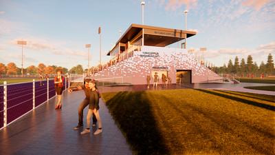 rendering of external view of saxon hill complex with the track and parking in view